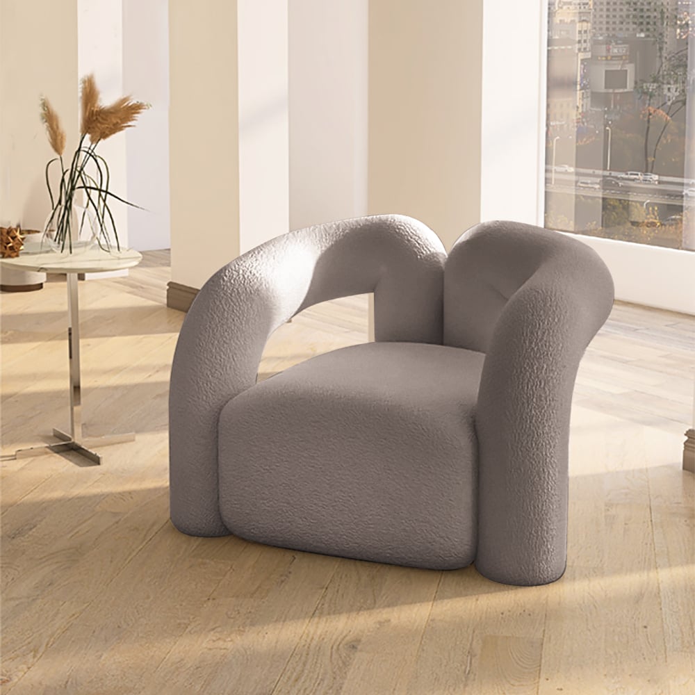 Questions et Réponses pour Fauteuil d'appoint Japandi gris en forme de boucle, fauteuil Shaggy pour salon