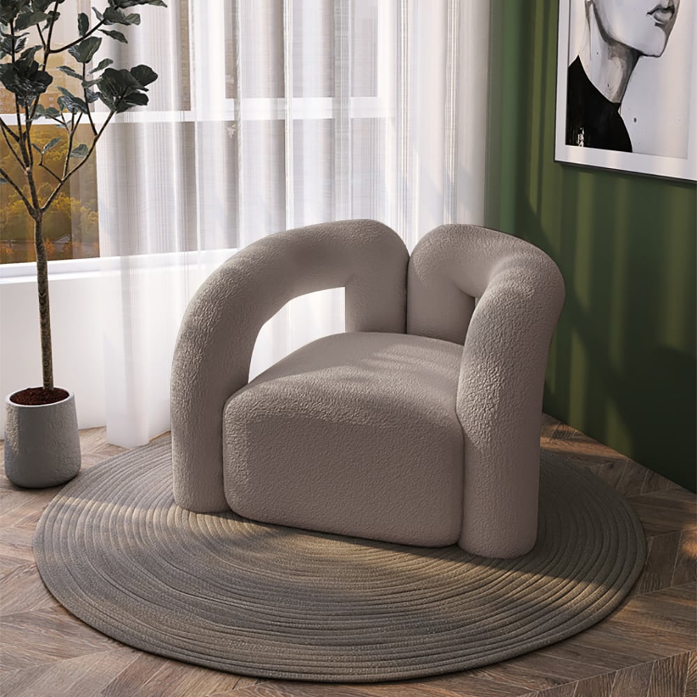 Questions et Réponses pour Fauteuil d'appoint Japandi gris en forme de boucle, fauteuil Shaggy pour salon