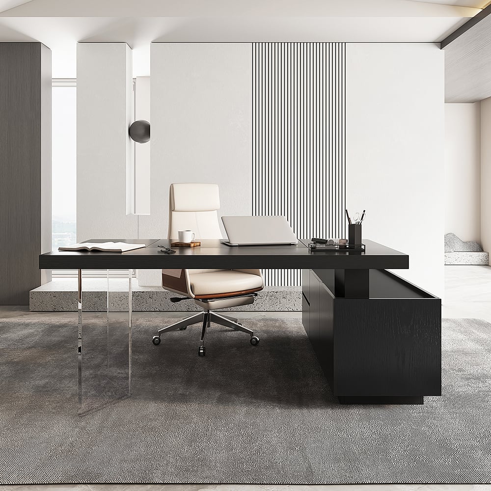 Otázky a odpovědi pro Sada moderního černého stojanového stolu ve tvaru L a kožené kancelářské stolní židle Khaki (71,5 „)