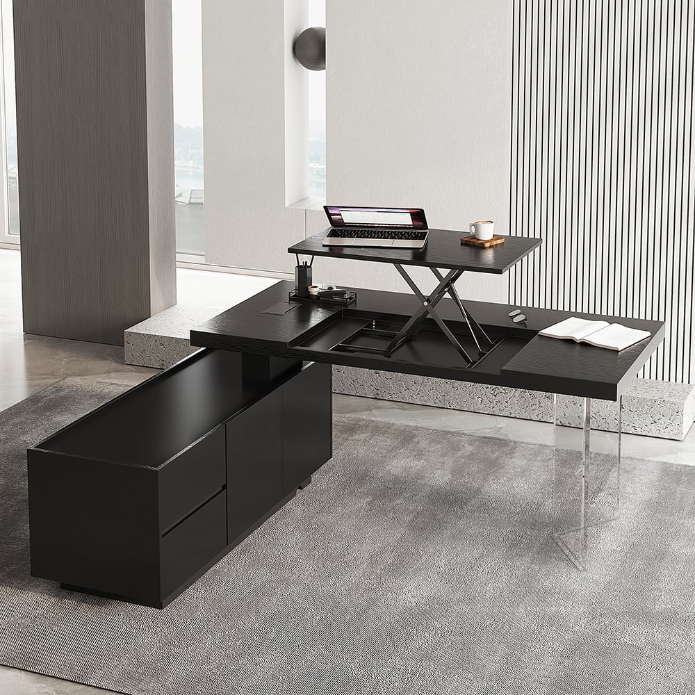 Otázky a odpovědi pro Sada moderního černého stojanového stolu ve tvaru L a kožené kancelářské stolní židle Khaki (71,5 „)