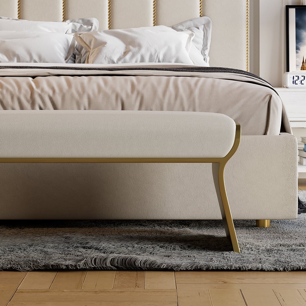 Questions et Réponses pour Banc moderne Upart en acier inoxydable beige Leath-Aire, banc long de chambre à coucher rembourré