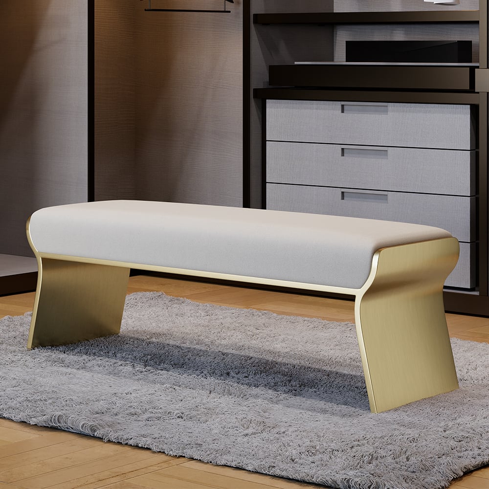 Questions et Réponses pour Banc moderne Upart en acier inoxydable beige Leath-Aire, banc long de chambre à coucher rembourré