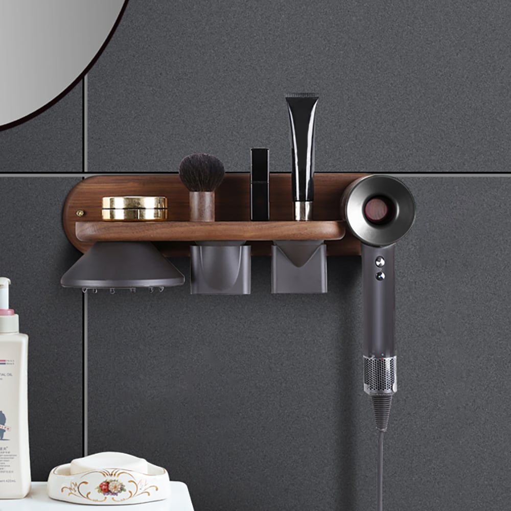 Questions et Réponses pour Support pour sèche-cheveux en bois en noyer avec rangement pour accessoires et étagère