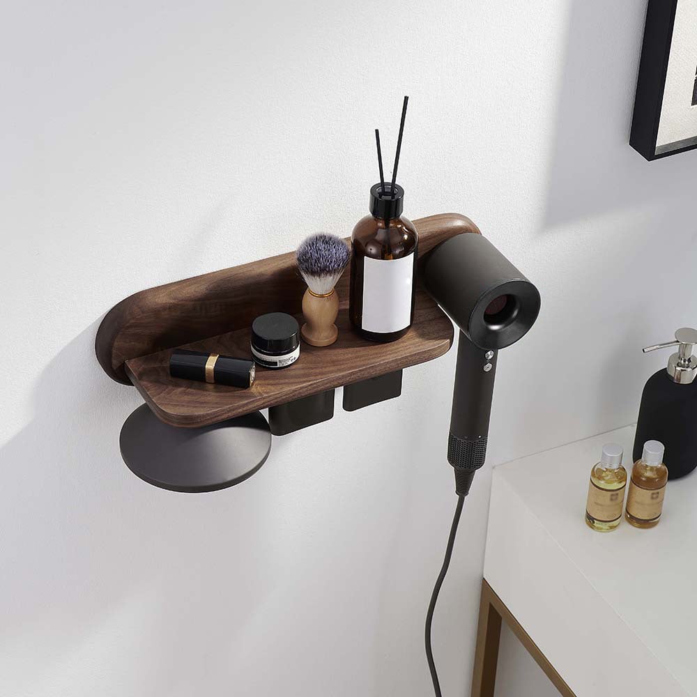 Questions et Réponses pour Support pour sèche-cheveux en bois en noyer avec rangement pour accessoires et étagère