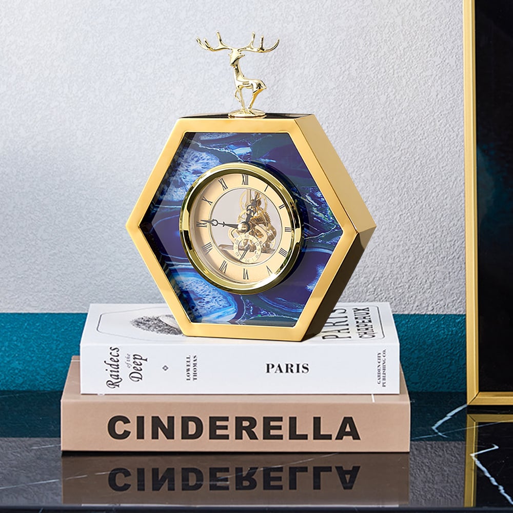 Questions and Answers for Glam Metal and Agate Design Deer Head Hexagon Desk Clock Home Decor Gold Table Clock