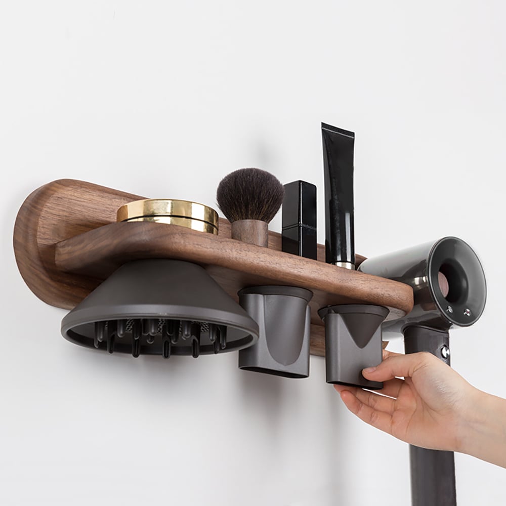 Questions et Réponses pour Support pour sèche-cheveux en bois en noyer avec rangement pour accessoires et étagère