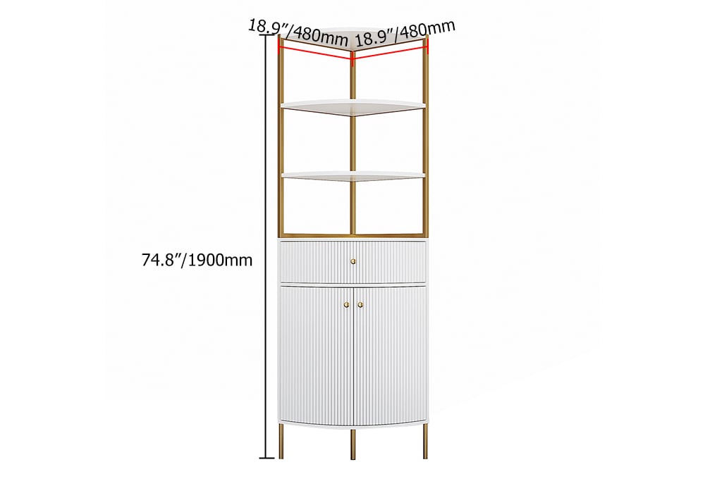 74.8" Modern White Etagere Corner Bookshelf 1 Drawer & 2 Doors Wooden Tall Bookcase weights dimensions image