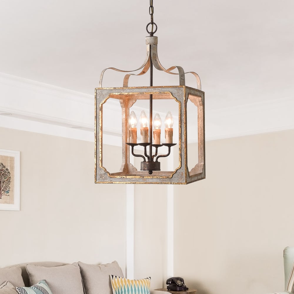 Customer Reviews for French 4-Light Lantern Chandelier Square Candelabra Pendant Light in Antique Gray 