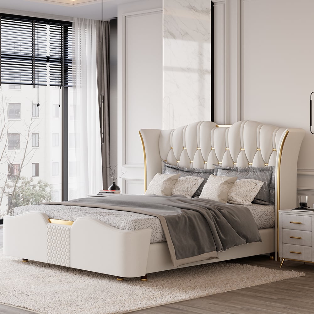 Customer Reviews for King Size Upholstered Bed Frame with Tufted Wingback Headboard