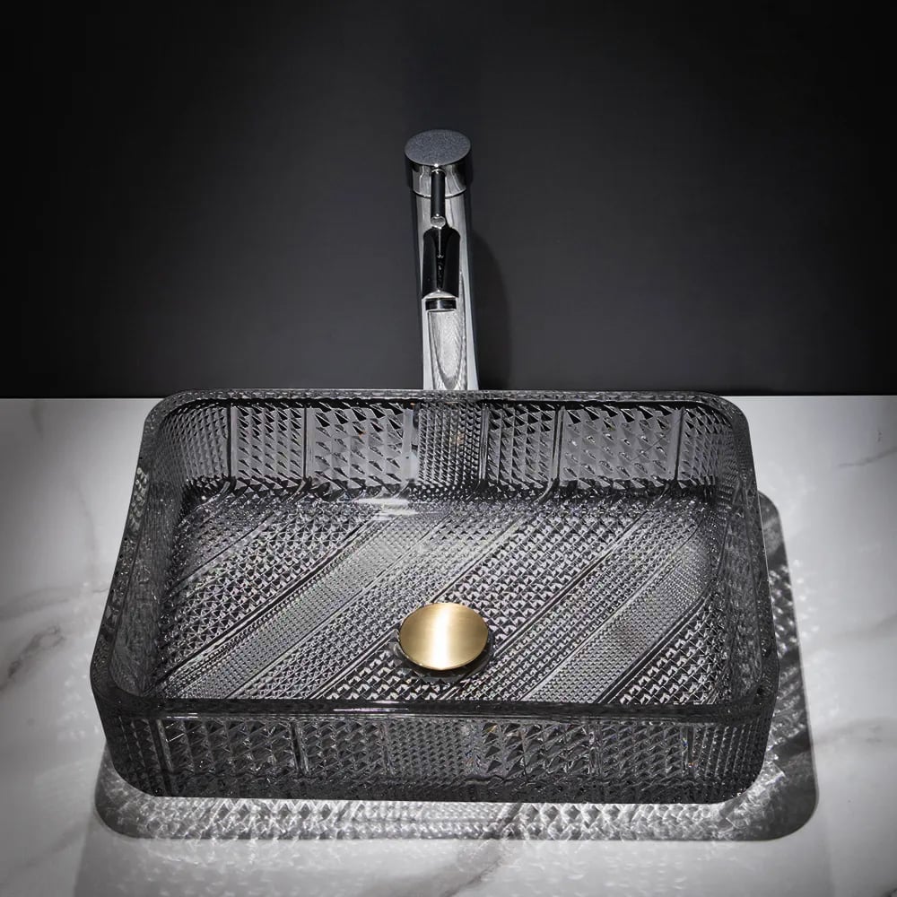 Domande e risposte per Disegni di lavandino da bagno nero rettangolare in vetro per bagno con scarico