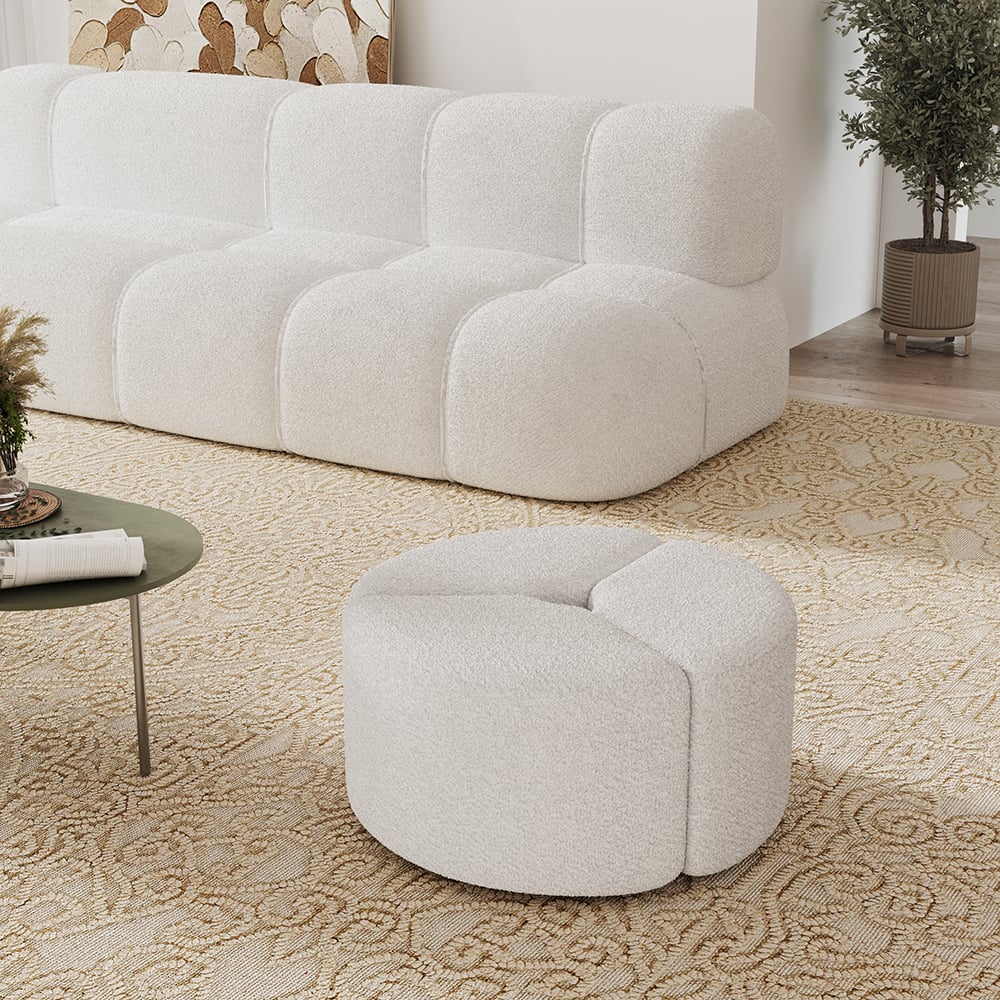 Questions and Answers for 22.8''Dia Modern White Cream Boucle Ottoman Pouf Coffee Table Ottoman Cloud Foot Stool