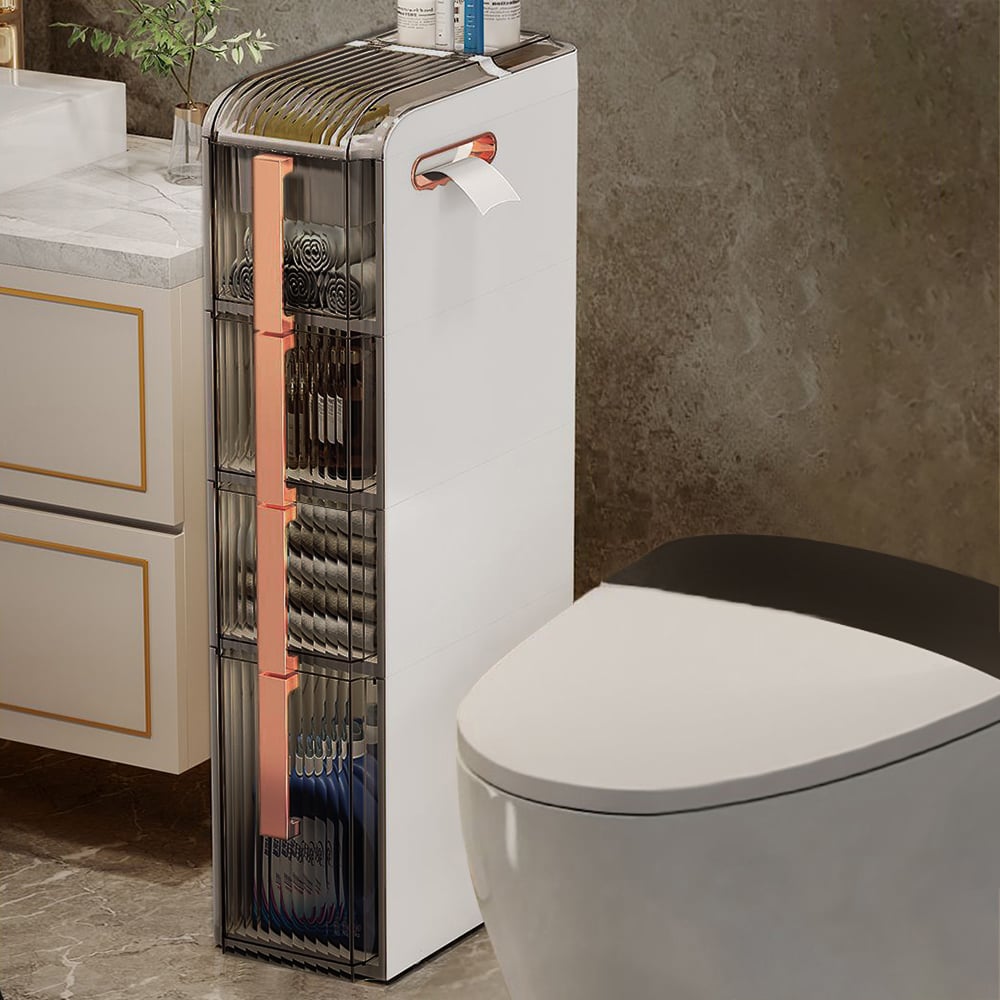 Avis Clients sur Armoire de rangement mince moderne pour salle de bain, blanc et or rose, porte-papier toilette autoportant