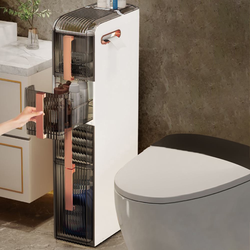 Avis Clients sur Armoire de rangement mince moderne pour salle de bain, blanc et or rose, porte-papier toilette autoportant