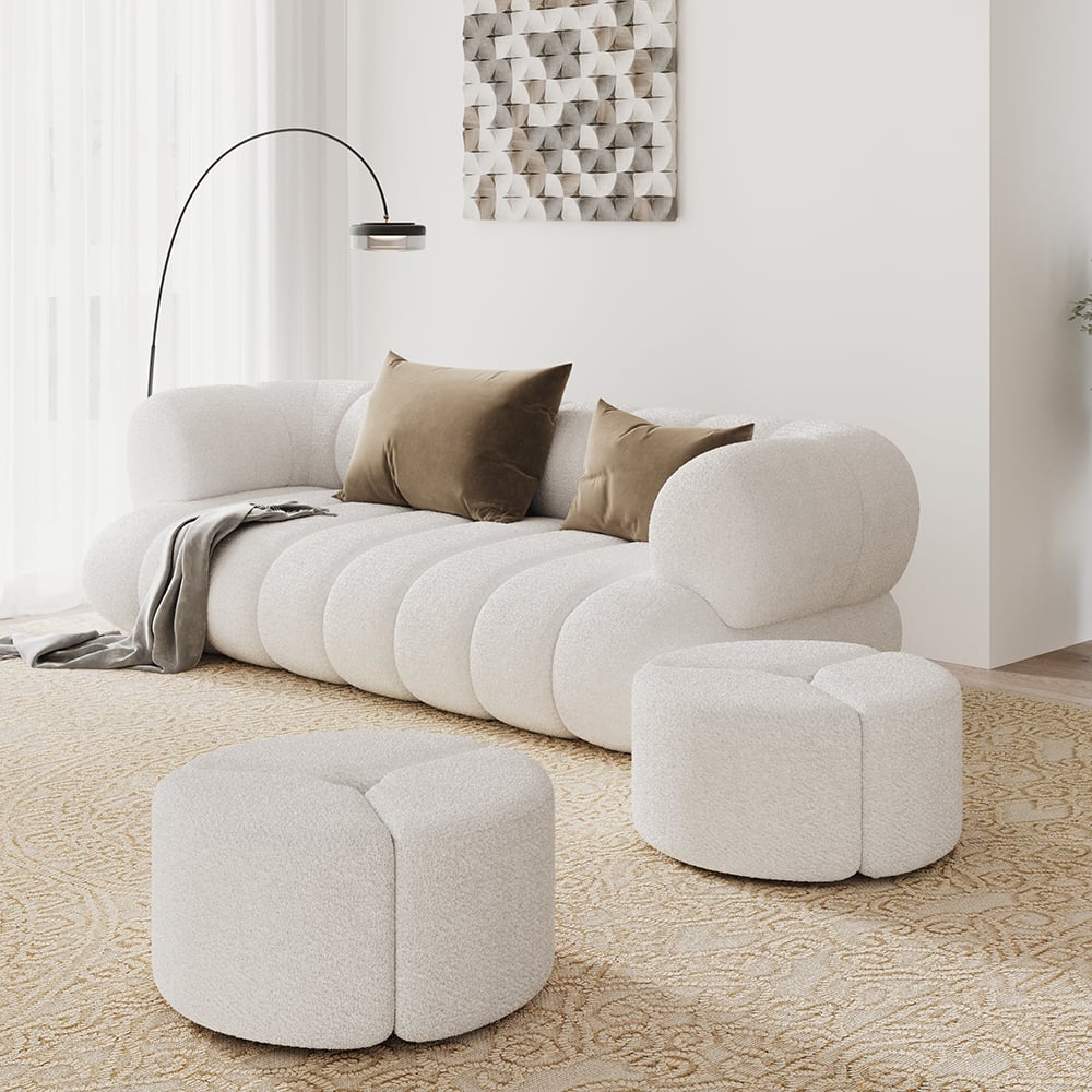 Questions and Answers for 22.8''Dia Modern White Cream Boucle Ottoman Pouf Coffee Table Ottoman Cloud Foot Stool
