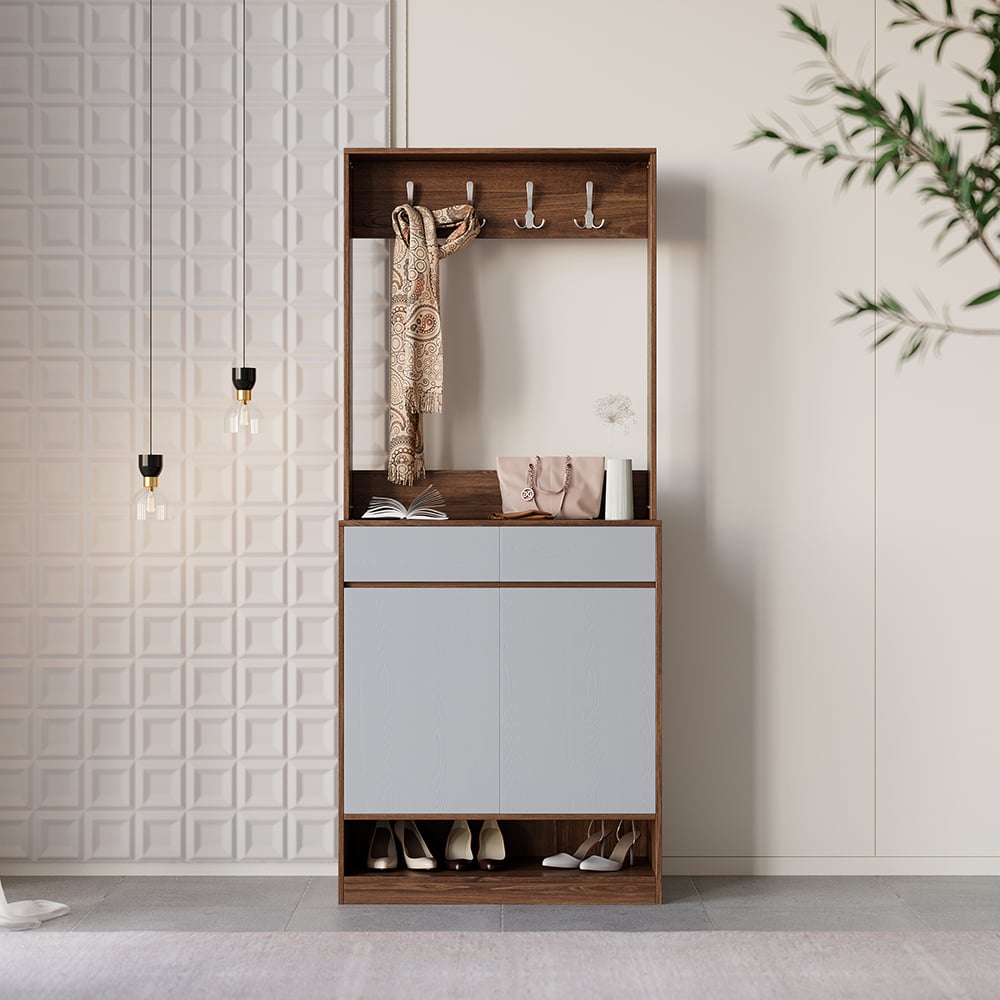 Customer Reviews for Walnut & Grey Modern Shoe Cabinet with 5 Shelves 2 Drawers 2 Doors Entryway Shoe Storage