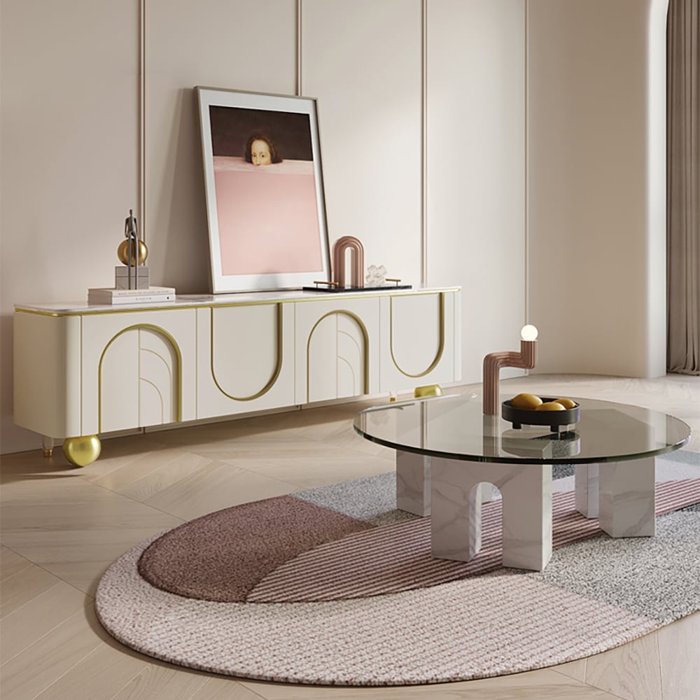 Vragen en antwoorden voor Moderne beige tv-standaard MDF met 4 deuren en 2 schappen, mediaconsole voor tv's tot 2159 mm