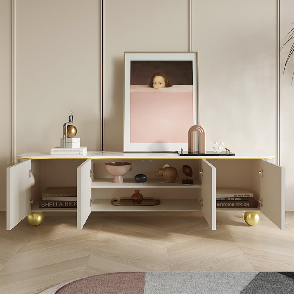 Vragen en antwoorden voor Moderne beige tv-standaard MDF met 4 deuren en 2 schappen, mediaconsole voor tv's tot 2159 mm