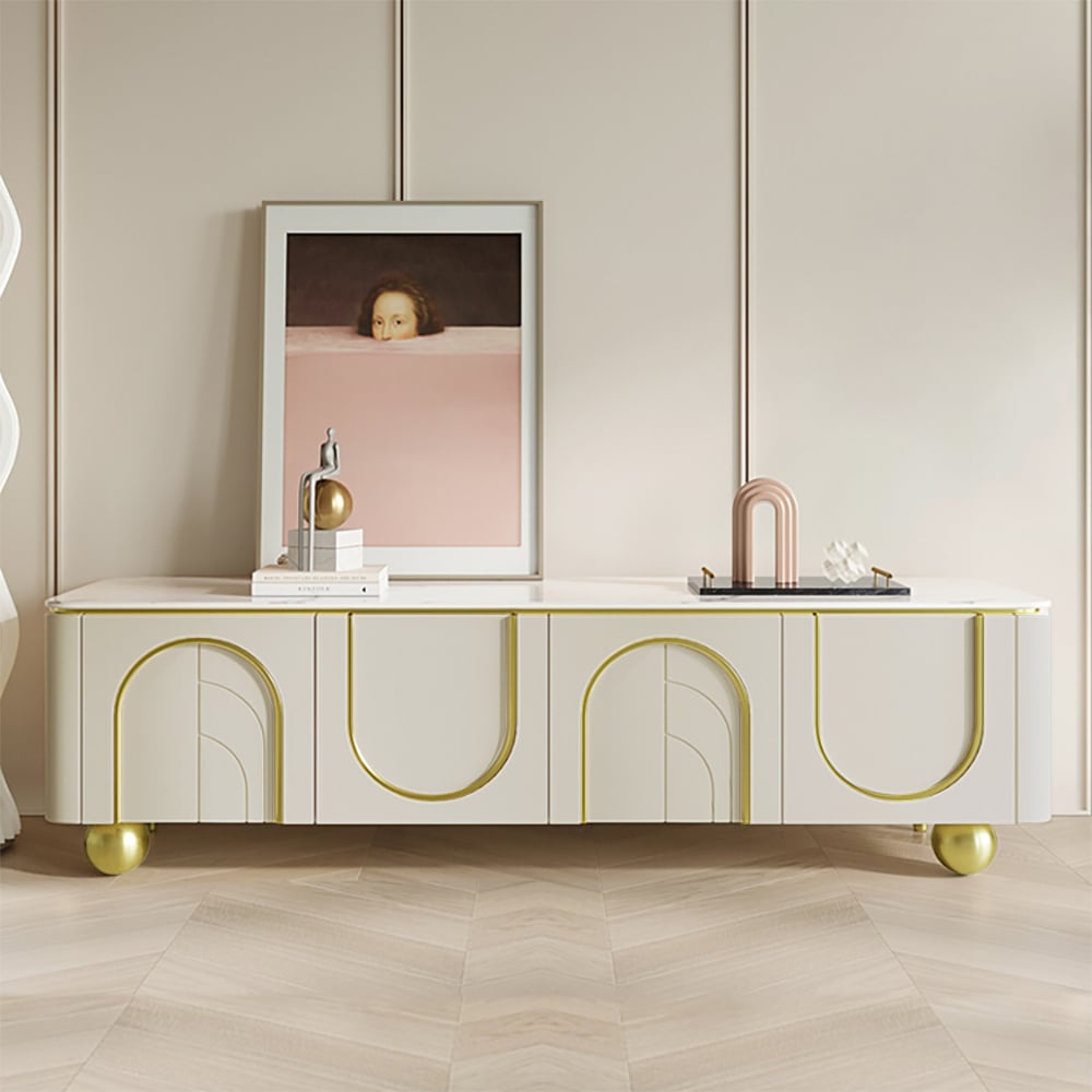 Vragen en antwoorden voor Moderne beige tv-standaard MDF met 4 deuren en 2 schappen, mediaconsole voor tv's tot 2159 mm