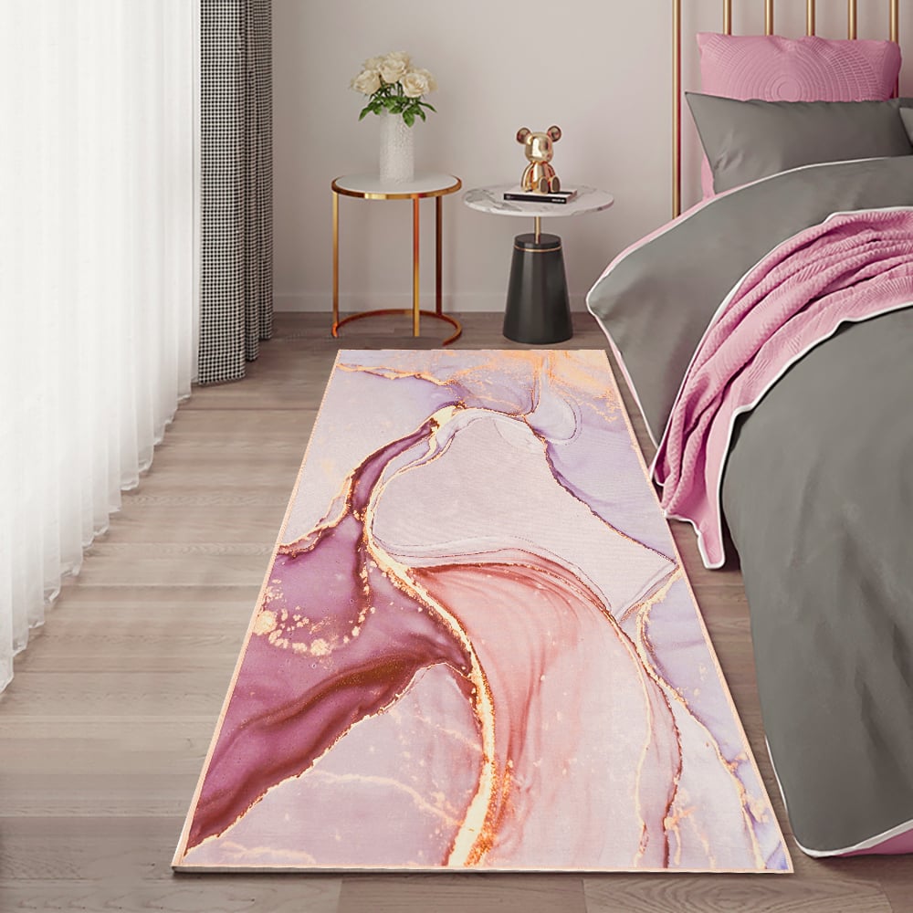 Vragen en antwoorden voor 600 mm x 2400 mm roze en gouden abstracte moderne hardloper keuken- en gangtapijt