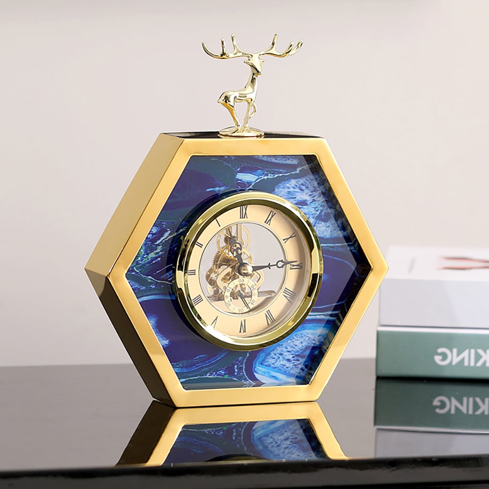 Questions and Answers for Glam Metal and Agate Design Deer Head Hexagon Desk Clock Home Decor Gold Table Clock