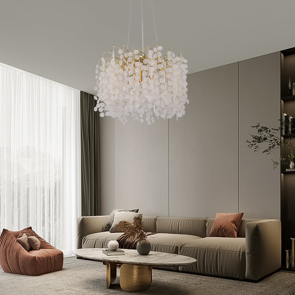 Questions and Answers for Art Deco 9-Light Gold Branch Pendant Crystal Chandelier Light for Living Room
