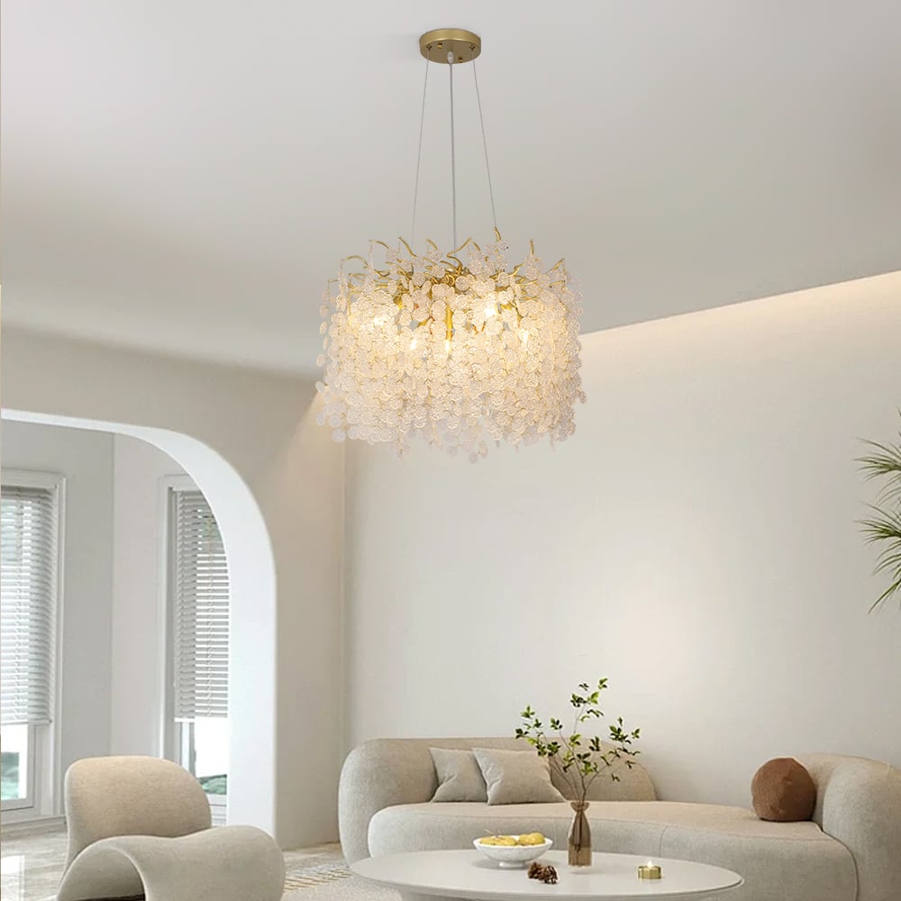 Questions and Answers for Art Deco 9-Light Gold Branch Pendant Crystal Chandelier Light for Living Room