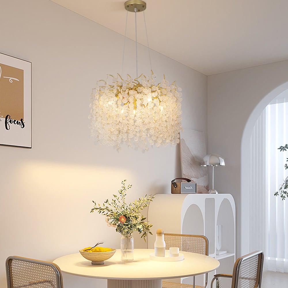 Questions and Answers for Art Deco 9-Light Gold Branch Pendant Crystal Chandelier Light for Living Room