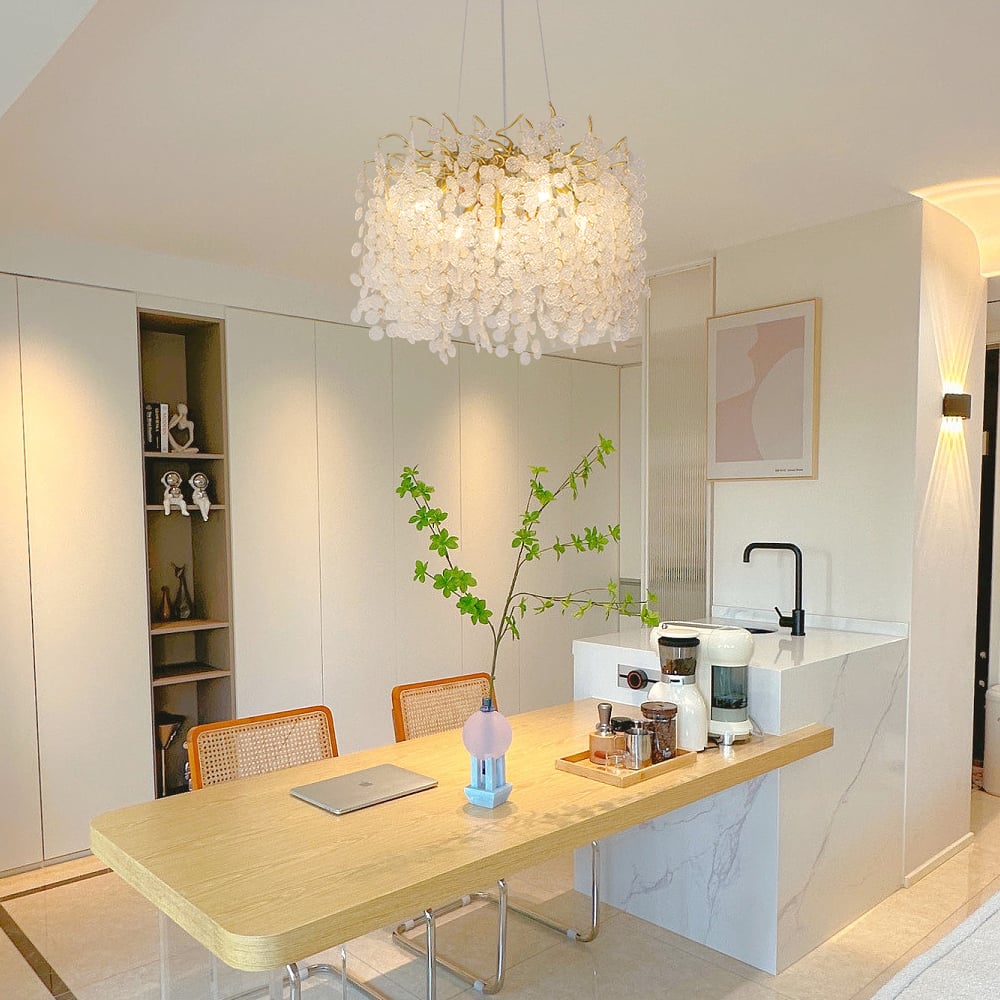 Questions and Answers for Art Deco 9-Light Gold Branch Pendant Crystal Chandelier Light for Living Room