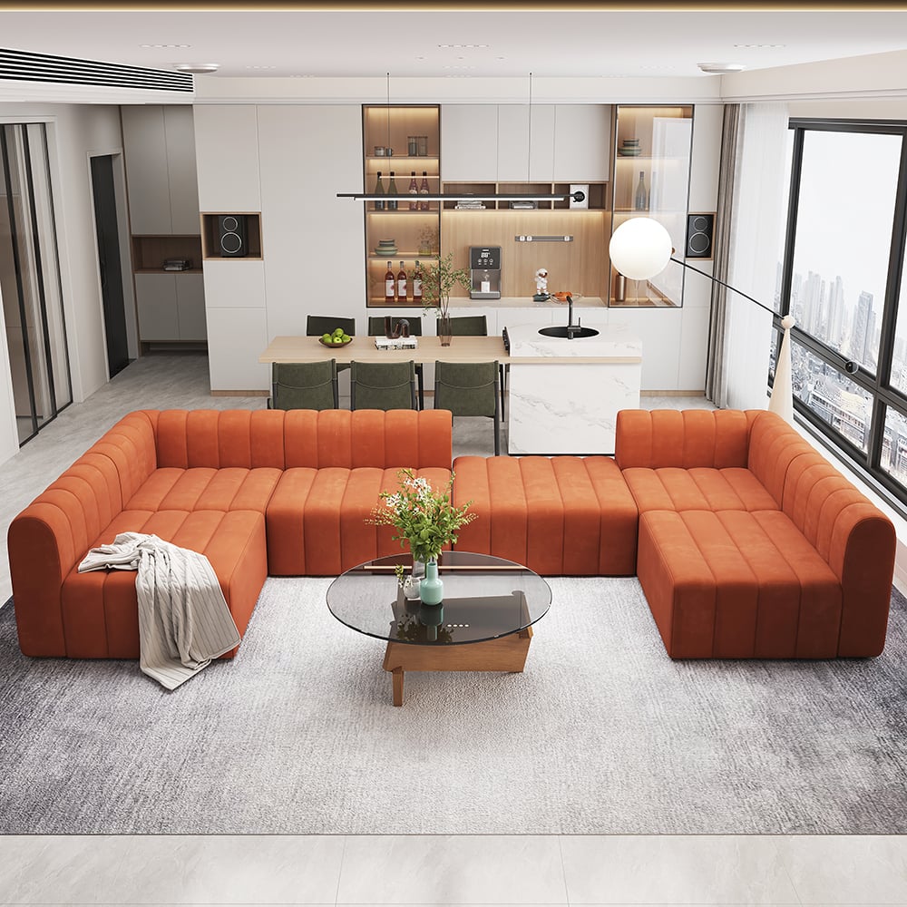 Orange Velvet Modular Sectional Sofa - 6 Seater