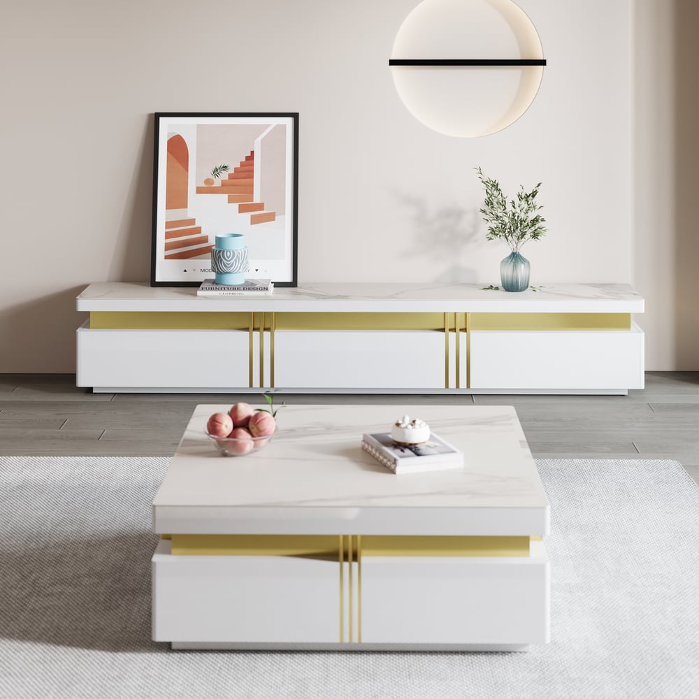 Questions et Réponses pour Ensemble de 2 tables basses et meuble TV en pierre frittée blanche avec tiroirs en bois 2200 mm