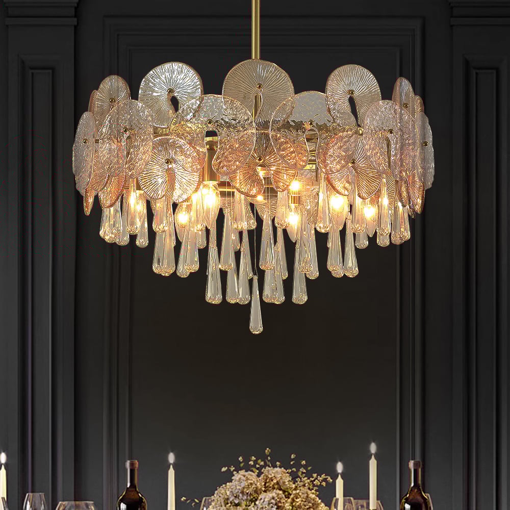 Otázky a odpovědi pro Glam 9-Light Crystal 5 stupňový lustr Zlatá závěsná světla pro obývací pokoj