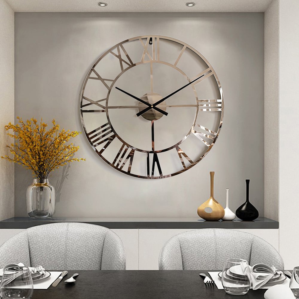 Questions and Answers for 580mm Large Round Silver Roman Numeral Silent Wall Clock Modern Acrylic Decor Art