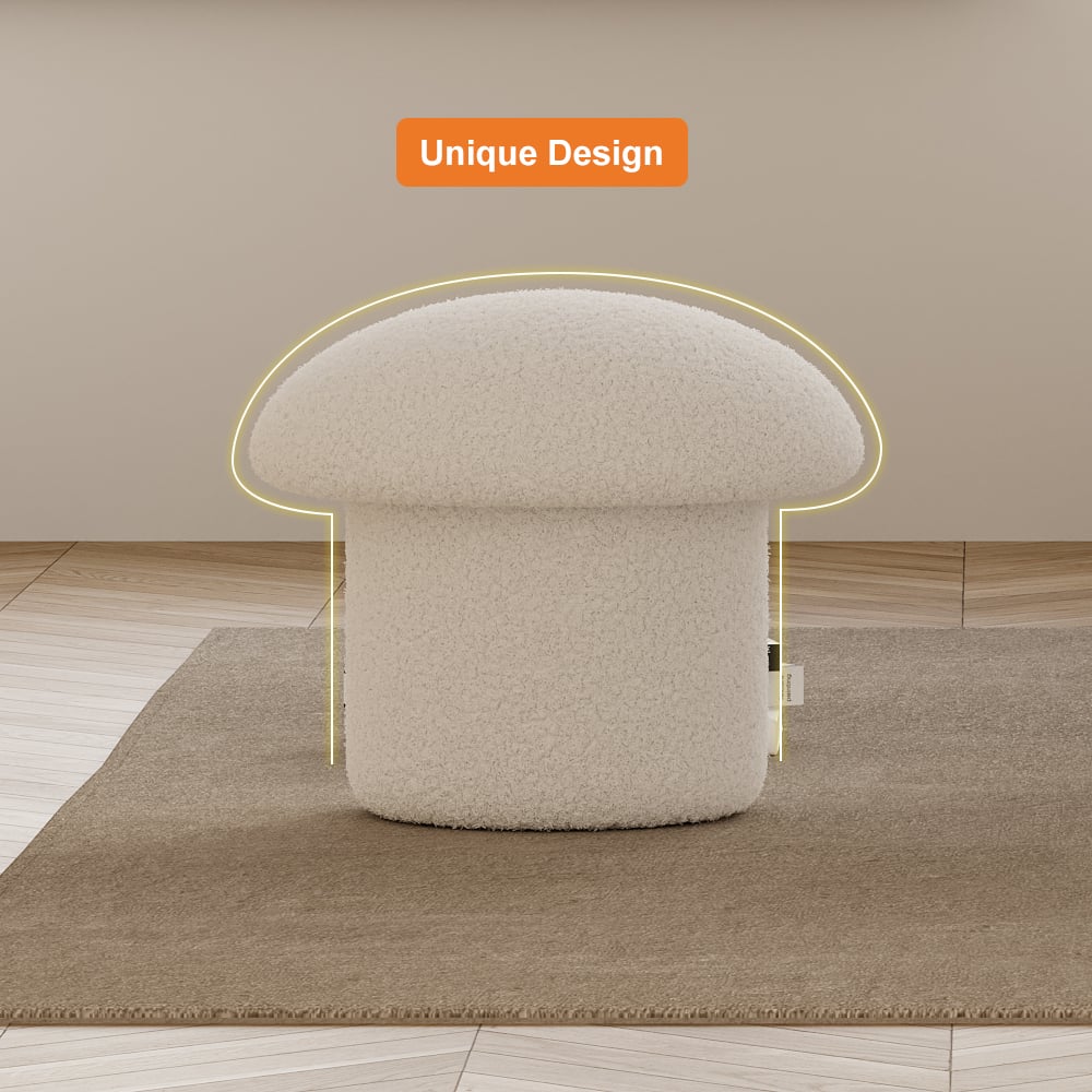 Modern White Boucle Mushroom Ottoman Upholstered Pouf Novelty Footstool Cute Footrest window image