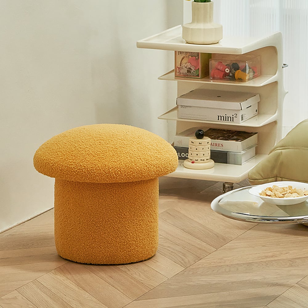 Vragen en antwoorden voor Moderne gele boucle paddenstoel Ottomaanse gestoffeerde poef Novelty voetenbank Leuke voetsteun