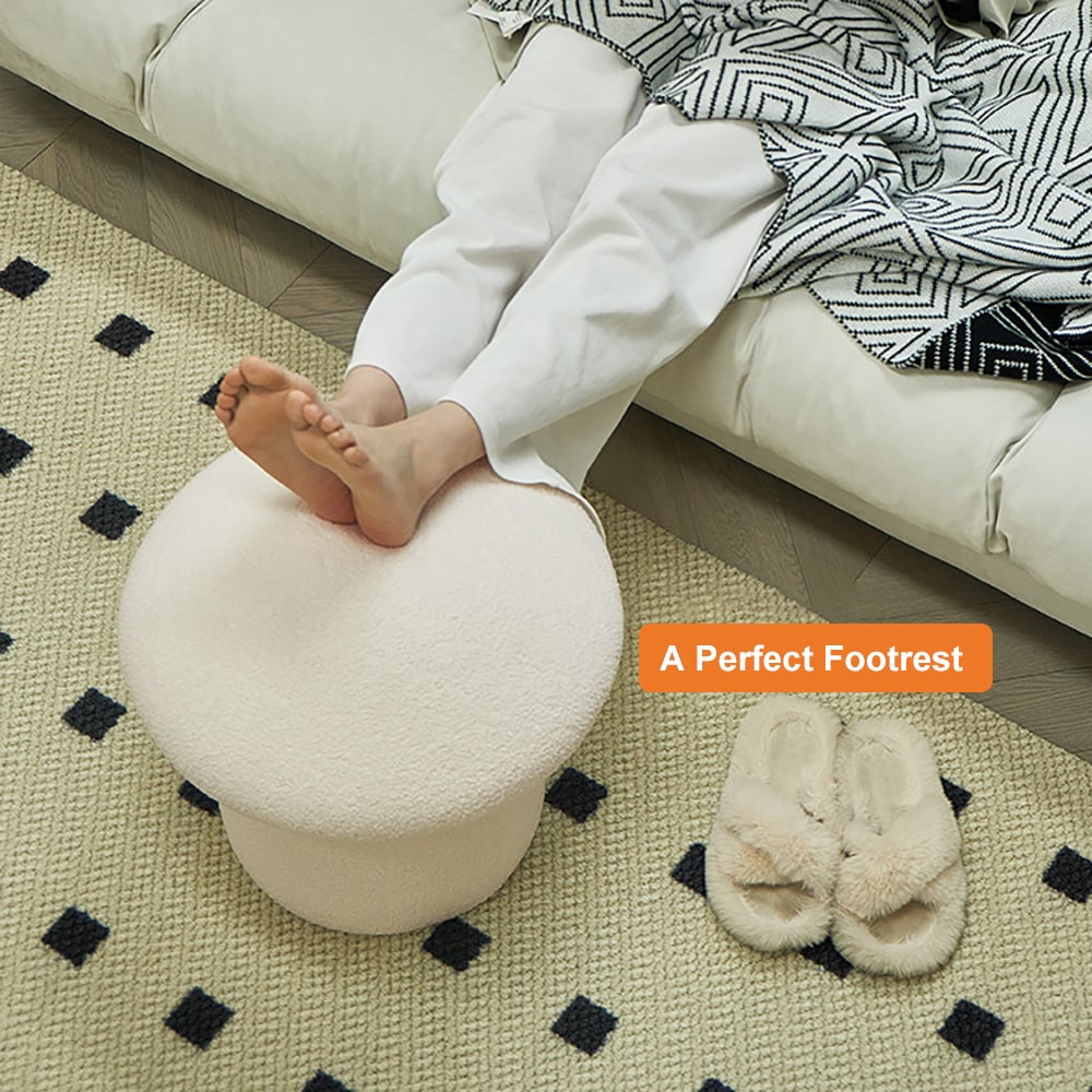 Modern White Boucle Mushroom Ottoman Upholstered Pouf Novelty Footstool Cute Footrest window image