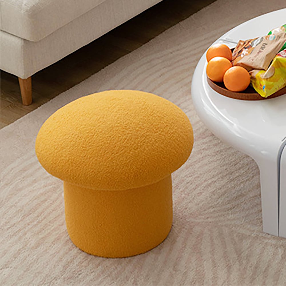 Vragen en antwoorden voor Moderne gele boucle paddenstoel Ottomaanse gestoffeerde poef Novelty voetenbank Leuke voetsteun