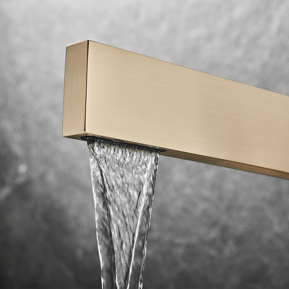 Vragen en antwoorden voor Ultradunne waterval wastafelkraan met enkele handgreep in geborsteld goud van massief messing