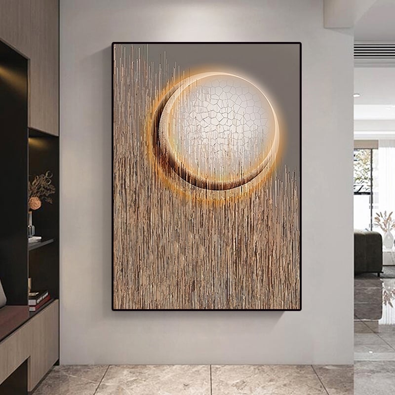 Vragen en antwoorden voor Abstracte ronde maanwanddecoratie moderne geometrische schilderkunst canvasprints met frame