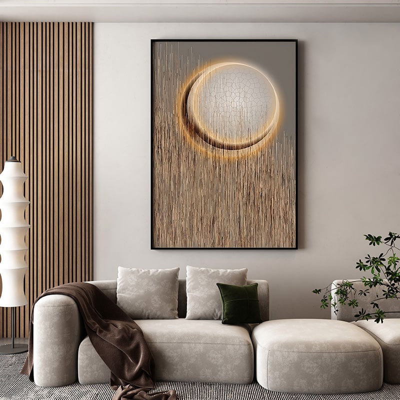 Vragen en antwoorden voor Abstracte ronde maanwanddecoratie moderne geometrische schilderkunst canvasprints met frame