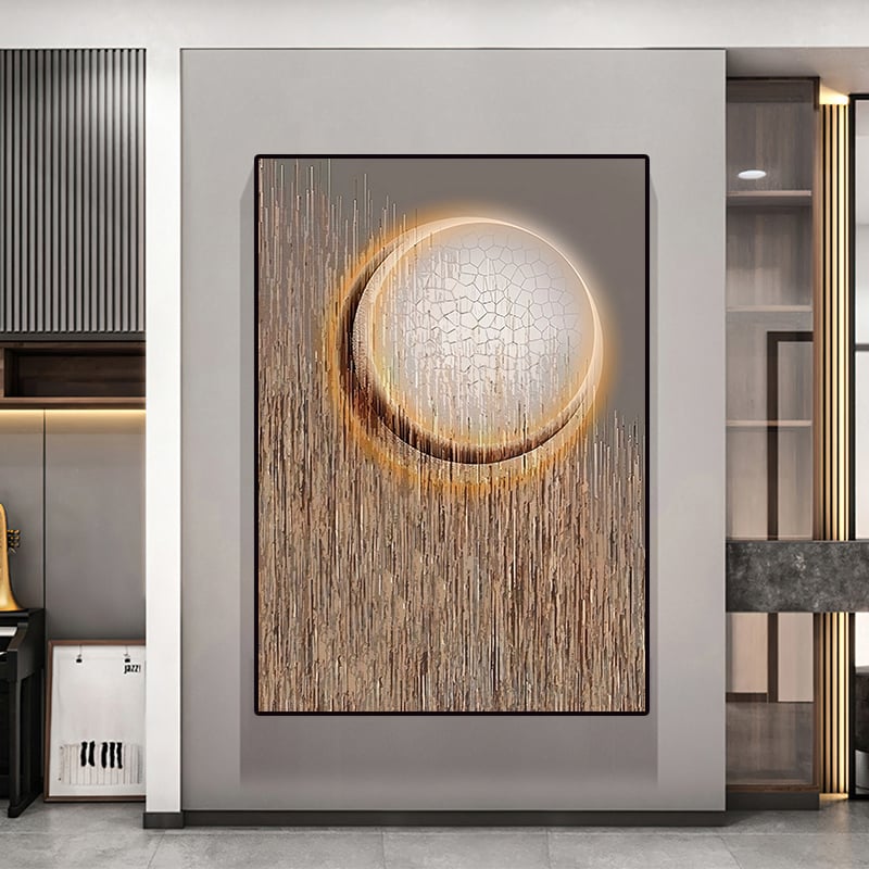 Vragen en antwoorden voor Abstracte ronde maanwanddecoratie moderne geometrische schilderkunst canvasprints met frame