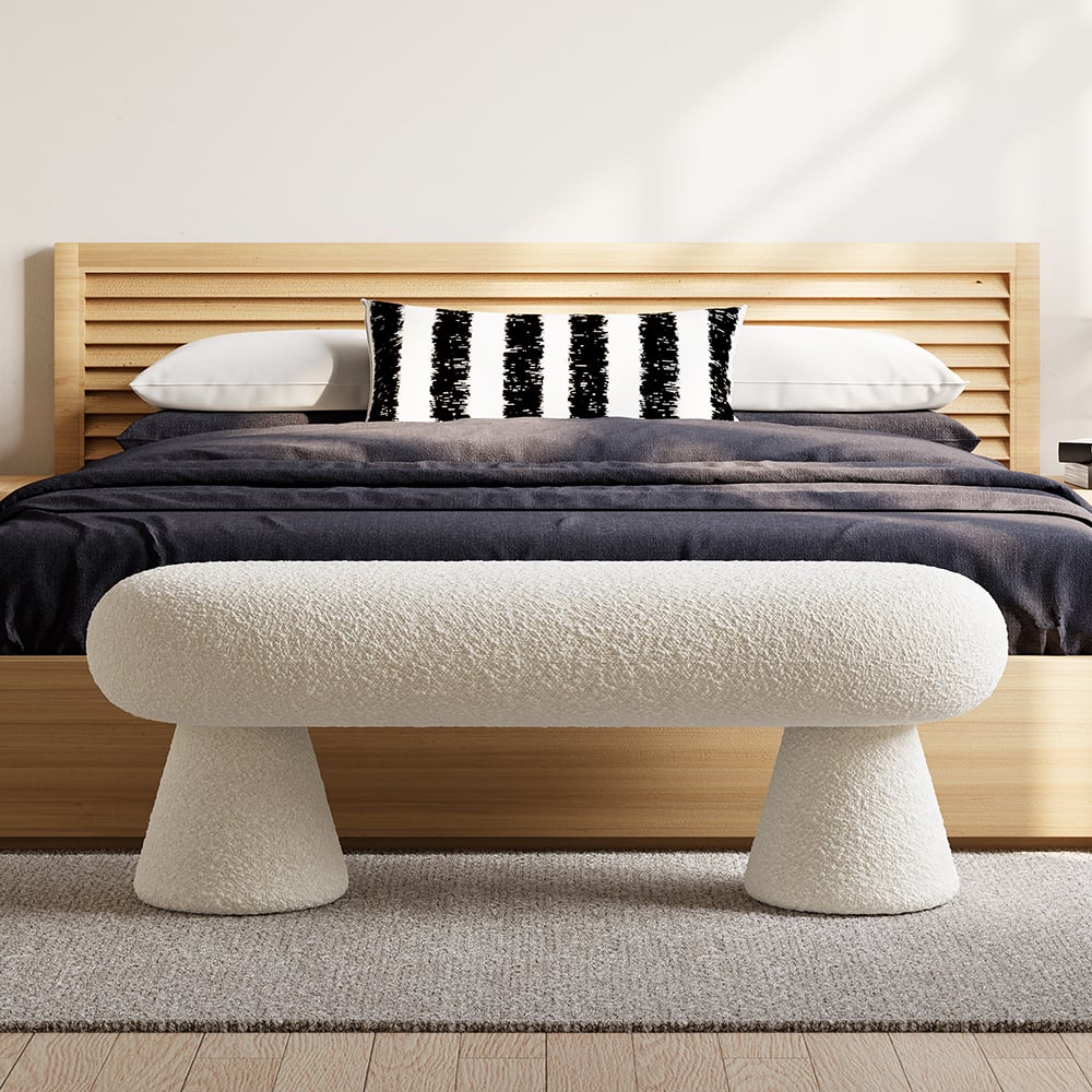 Vragen en antwoorden voor Moderne witte boucle slaapkamerbank, gestoffeerde lange bank met 2 poten