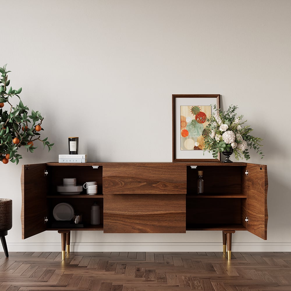 Questions and Answers for Lake Walnut Sideboard Credenza with Storage Buffet Kitchen Cabinet Wavy Mid-Century