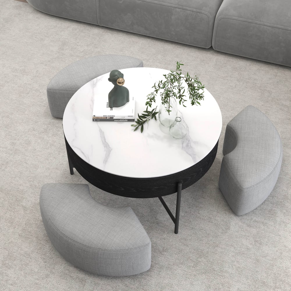 Modern 32" Round Lift-top Coffee Table Set with 3 Ottomans & Tempered Glass Top - Thumbnail 3