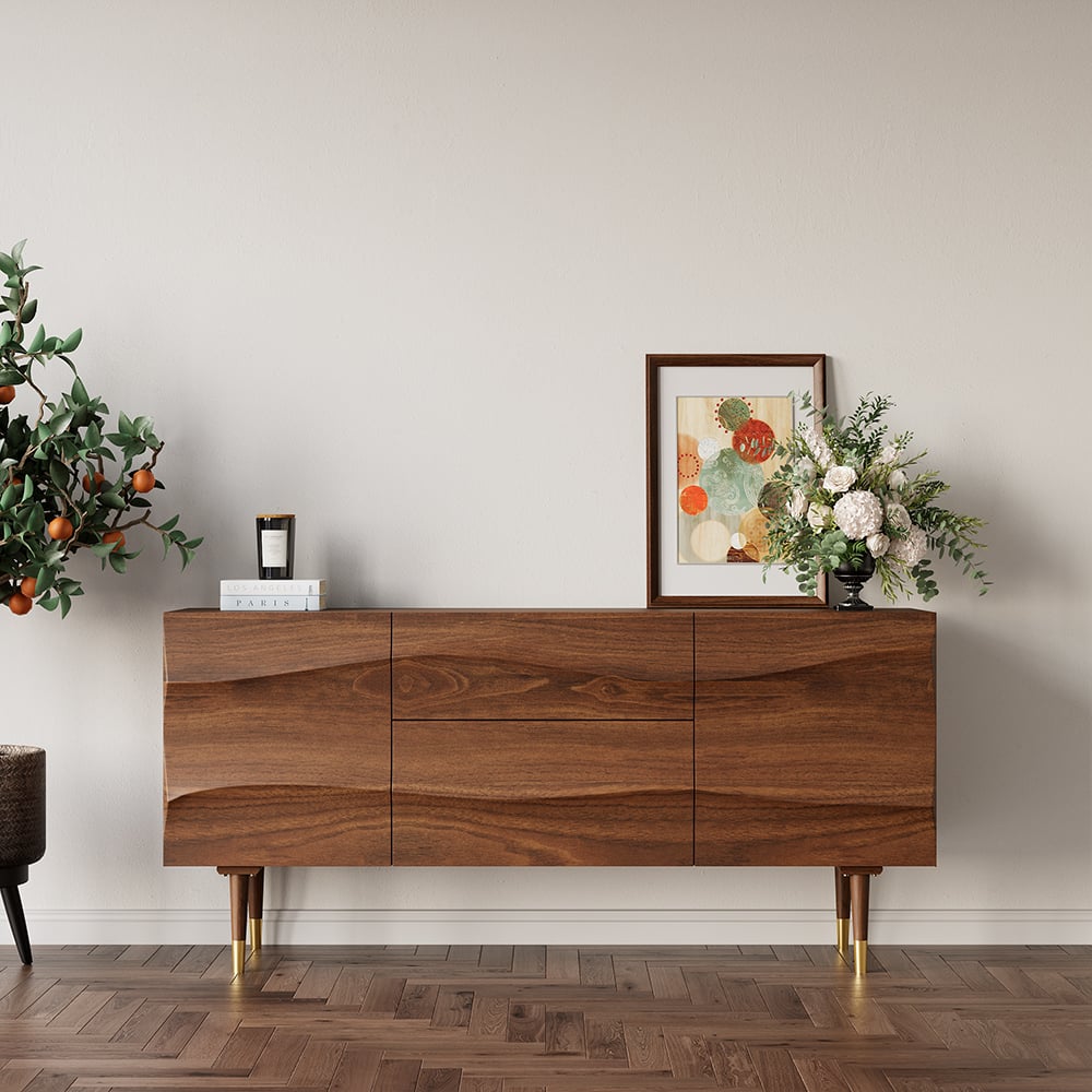Questions and Answers for Lake Walnut Sideboard Credenza with Storage Buffet Kitchen Cabinet Wavy Mid-Century