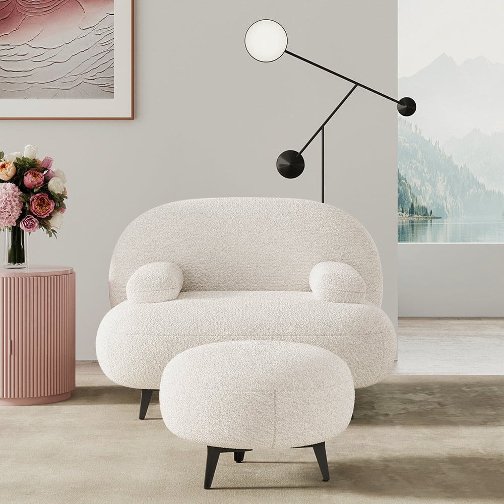 Questions et Réponses pour Fauteuil d'appoint moderne à boucle blanc crème avec pouf, ensemble pouf, chaise longue avec repose-pieds