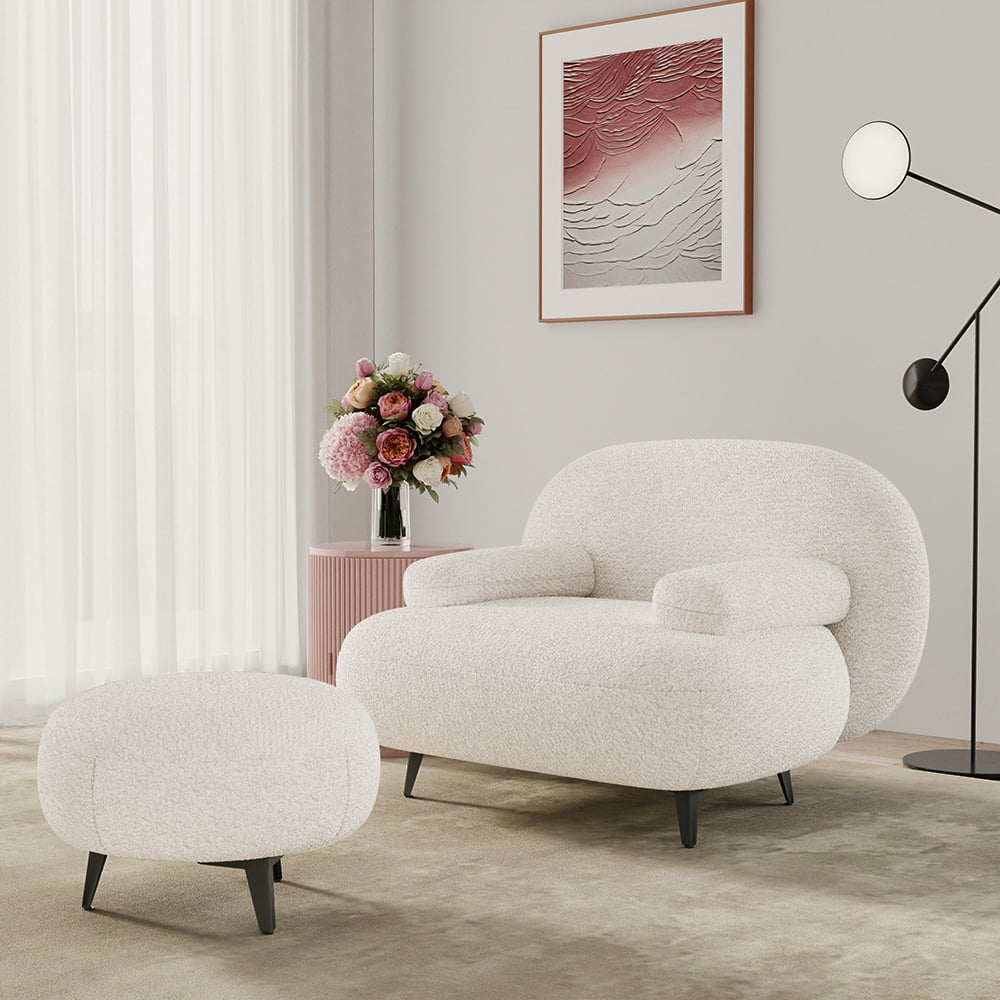 Questions et Réponses pour Fauteuil d'appoint moderne à boucle blanc crème avec pouf, ensemble pouf, chaise longue avec repose-pieds