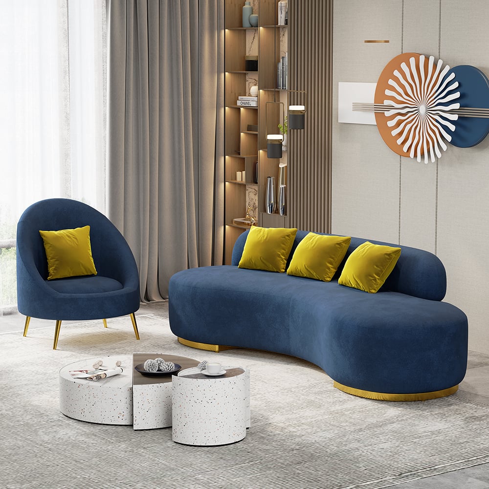 Preguntas y Respuestas para Sofá curvo tapizado de terciopelo azul para sala de estar, juego de 3 con almohadas y sillas de 3 plazas