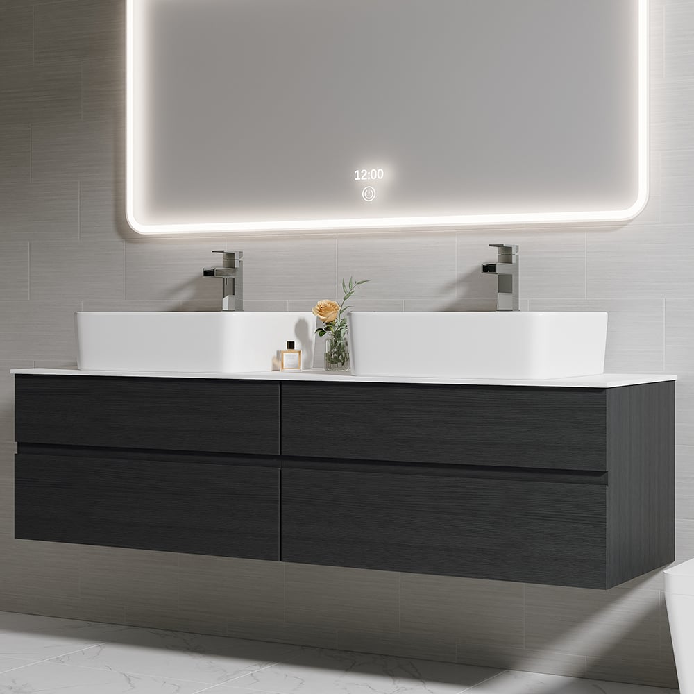 Preguntas y Respuestas para Moderno tocador de baño doble flotante de 152 cm con encimera de resina de piedra, lavabo de cerámica