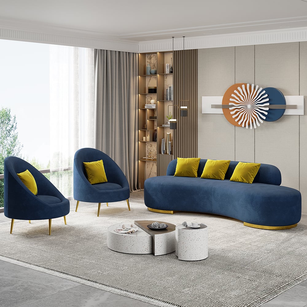 Preguntas y Respuestas para Sofá curvo tapizado de terciopelo azul para sala de estar, juego de 3 con almohadas y sillas de 3 plazas