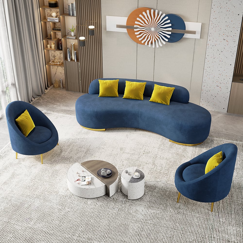 Preguntas y Respuestas para Sofá curvo tapizado de terciopelo azul para sala de estar, juego de 3 con almohadas y sillas de 3 plazas